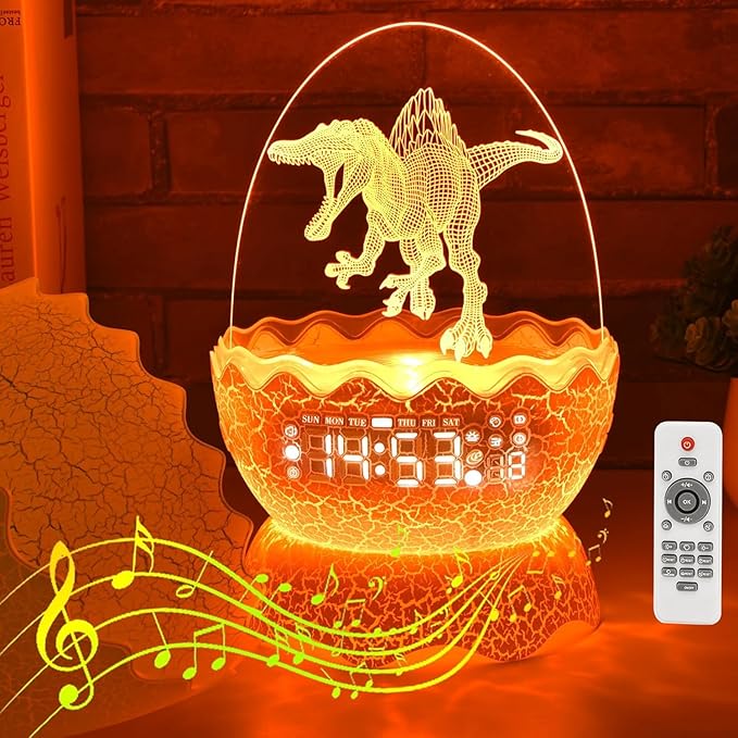 Spinosaurus Alarm Clock/Decorative Lamp/Night Light/Bluetooth Speaker/White Noise Lullaby Machine 4 in1, Remote Control 16 Colors Volume, Creative Gifts for Boys/Girls/Adult