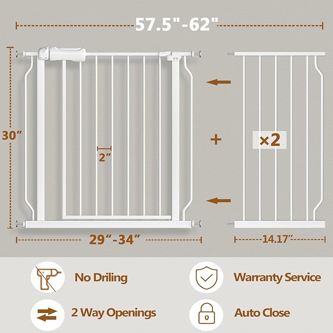 Fairy Baby Extra Wide Baby Gate for Doorways Auto Close Safety Gates for Bedroom, Fits 57.5 Inch to 62 Inch with Pressure Mounted Extention Kit, White