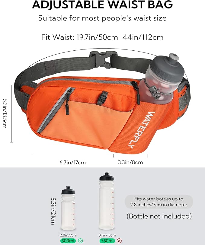 WATERFLY Fanny Pack Waist Bag: Hiking Water Bottle Holder with Strap Waist Pack for Women Men Hydration Hip Packs for Running Walking Traveling-Orange