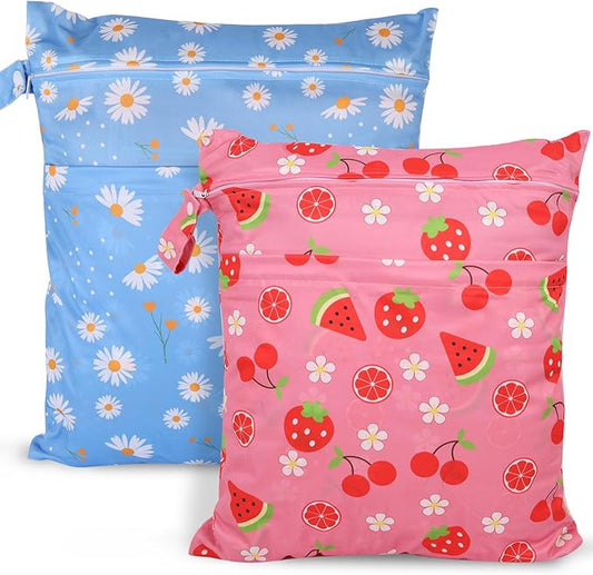 2pcs Travel Waterproof Laundry Bag, Cloth Diaper Wet Dry Bags with Handle & 2 Zipper Pockets, Reusable Washable Dirty Clothes Bag for Baby Adult Travelling Hanging, Bathing Beach Pool Daycare