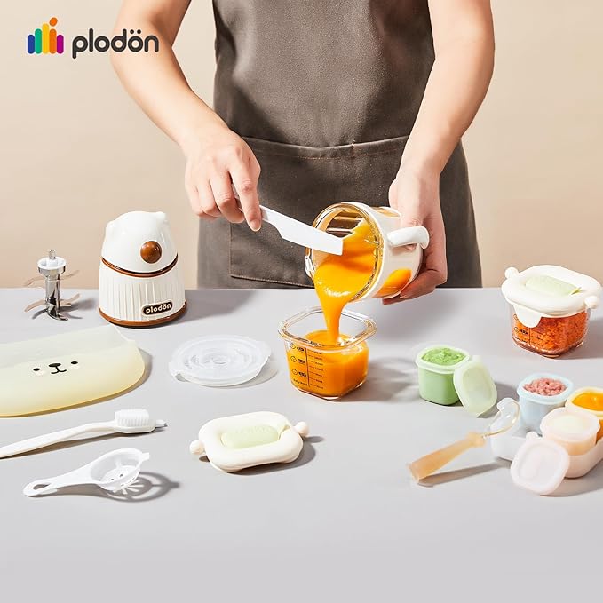 Baby Food Maker-Food Processor, Fruits, Vegetables, Meats, Potatoes, Avocados, Gift Package with A feeding spoon, A bib, A set of 4 separate food ice cube trays, and Two 200ml food storage