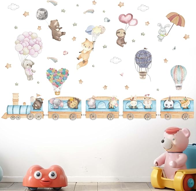 Hot Air Balloon Animal Wall Decals - Elephant Lion Giraffe Train Animal Wall Stickers - Baby Nursery Kids Girls Bedroom Daycare Wall Decor