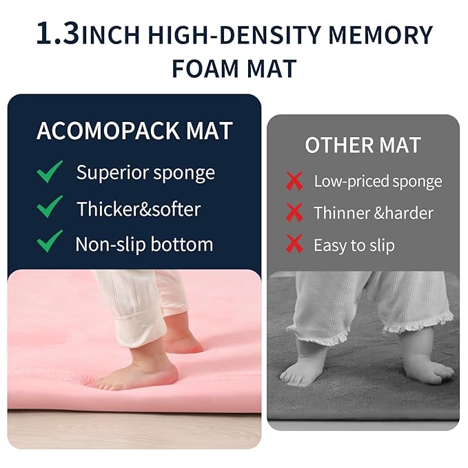 ACOMOPACK Baby Play Mat for Floor 1.3" Thick Memory Foam Play Mat 59"×71" Tummy Time Crawling with Non-Slip Bottom for Living Room,Nursery,Soft Velvet Playpen Mats for Kids,Infants（Pink）