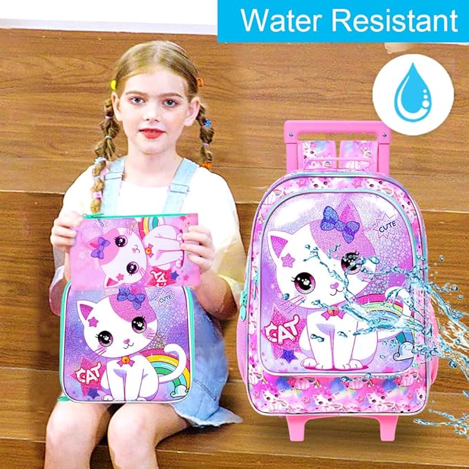 Girls Rolling Backpack, Cute Cat Roller Wheels Kids Bookbag - Wheeled Elementary School Bag - 3PCS Cat