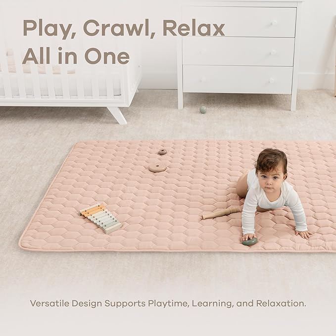 Comfy Cubs Rectangle Kids Play Mat - Medium 48 x 72 inches Soft Quilted Baby Floor Mat with Non-Slip Bottom - Plush Design for Toddlers Playtime and Relaxation - Comfortable and Durable - Blush