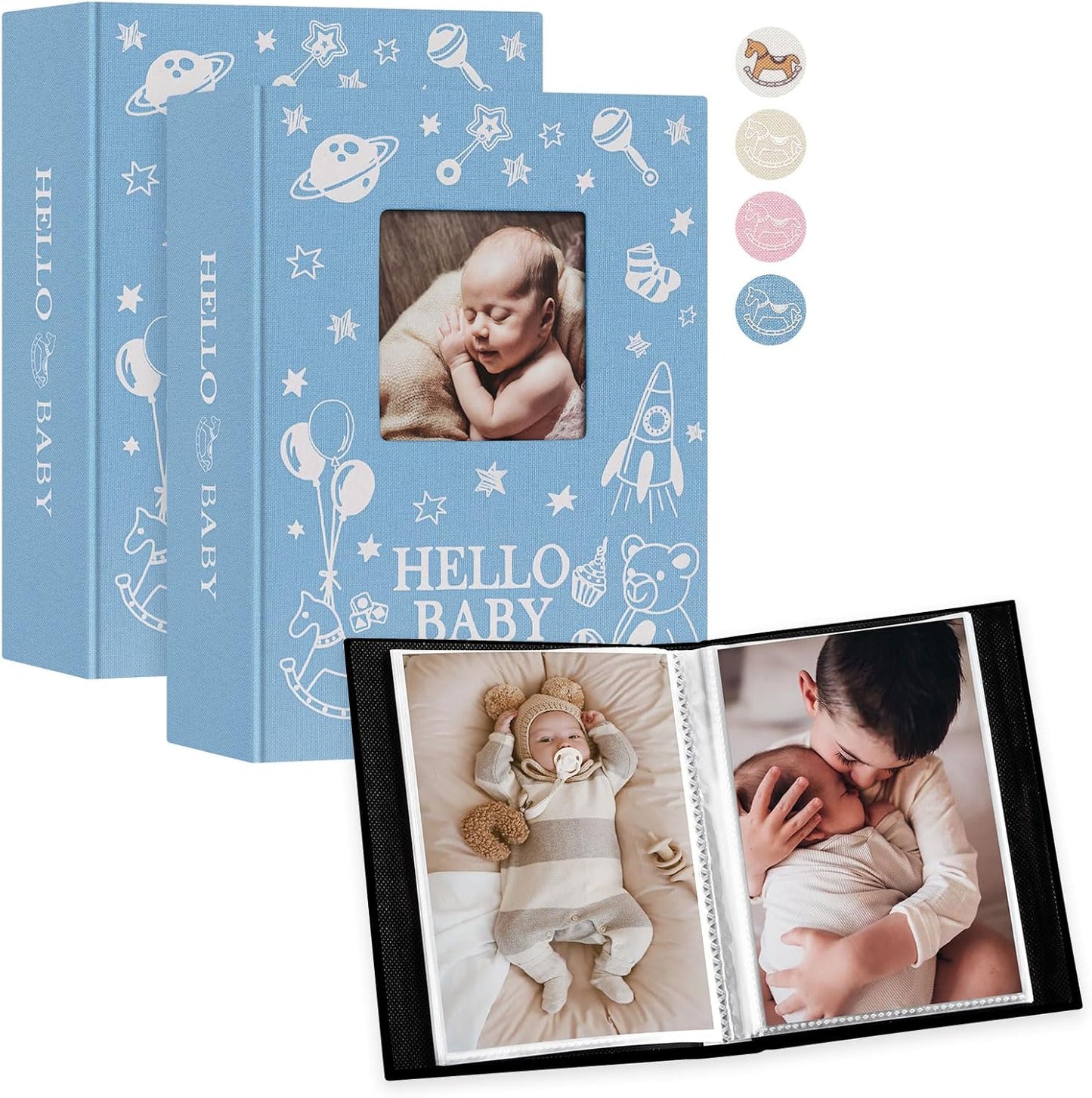 Lanpn Baby Photo Album 4x6 100 Pockets 2 Packs, Mini Linen DIY Window Photo Book Newborn Bebe Album Memory Book Sets, Holds 100 Top Loader Vertical Pictures Gift for Kids Boy Girl Baby Shower, Blue
