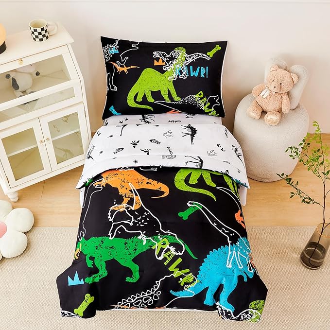 PERFEMET 4-Piece Boys Toddler Bedding Sets Cartoon Dinosaur Comforter Set for Girls Kids Soft Reversible Colorful Animal Bed Set for Toddler(Dinosaur, Toddler)