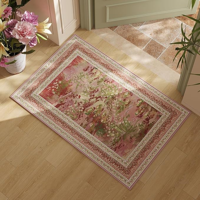 2x3 Rug Impressionist-Style Vintage Indoor Door Mat Machine Washable Small Area Rug Non-Slip Low Pile Throw Rugs for Entryway Kitchen Front Door Indoor Entrance Entry Kids Room, Pink