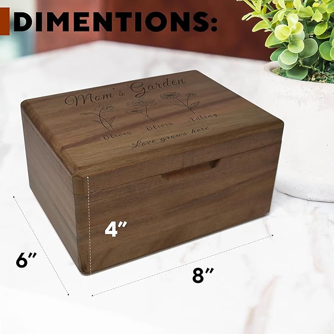 Mother's Garden for Mama - Personalized Gift for Mom, Custom Granny's Garden Gifts Birth Flowers, Memory Box, Wooden Storage Box with Hinged Lid, Mother's Day Gifts Unique for Mimi, 8x6x4 in