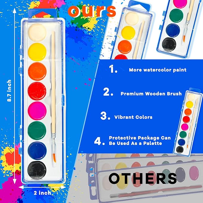 24 Pack Watercolor Paint Set for Kids - 8 Washable,Bright Colors with Paintbrush Watercolor Paint Bulk for Kids Party Favors,Classrooms Supplies,Art Lessons