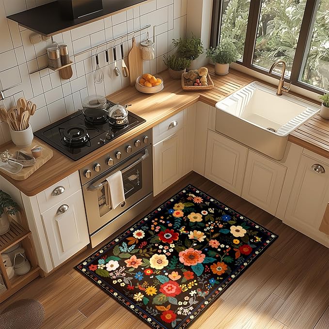 Floral 2x3 Area Rug Machine Washable Soft Print Boho Carpet Non Slip Doormat Low Pile Flower Area Rugs for Living Room Bedroom Nursery Kitchen Dining Room Indoor-Black