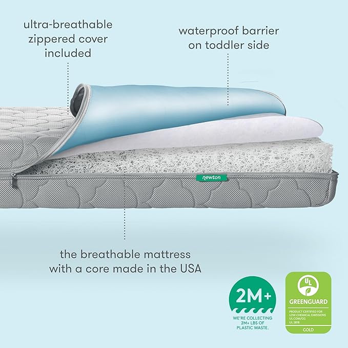 Newton Baby Crib Mattress and Toddler Bed - Waterproof - Ultra-Breathable Proven to Reduce Suffocation Risk, 100% Washable, Better Than Organic, 2-Stage Removable Cover, Deluxe 5.5" Thick Grey