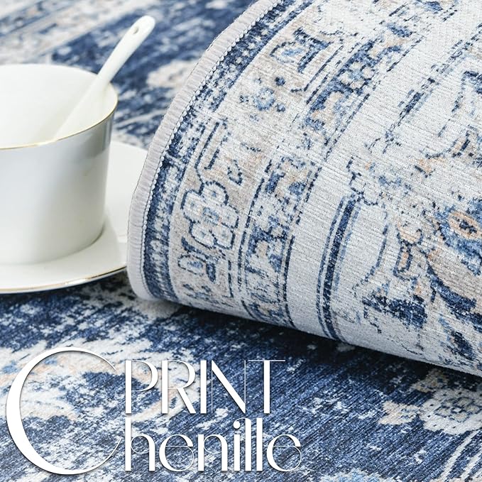 jinchan Runner Rug 2x6 Machine Washable Hallway Rug Dark Blue Vintage Floral Print Non-Slip Low Pile Ultra-Thin for Kitchen,Entryway,Laundry Room,Bedroom,Farmhouse (2‘x6’,Dark Blue)