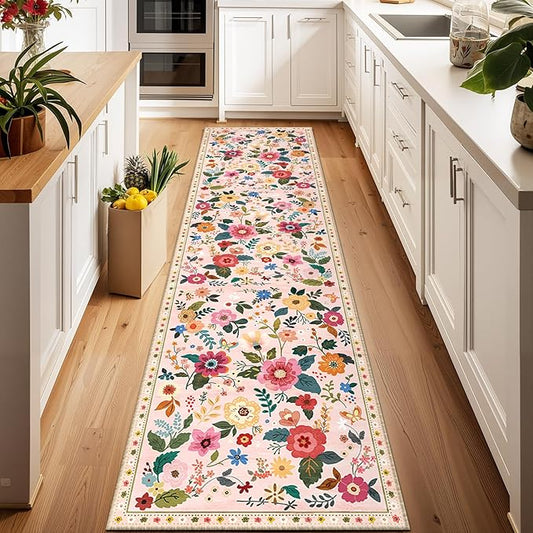 Floral 2x8 Area Rug Machine Washable Soft Print Boho Carpet Non Slip Doormat Low Pile Flower Area Rugs for Living Room Bedroom Nursery Kitchen Dining Room Indoor-Pink