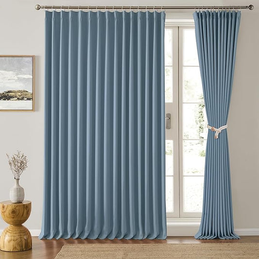 KEQIAOSUOCAI Extra Wide Dusty Blue Pinch Pleated Curtains 100 x 84, Thermal Insulated Noise Cancelling Living Room Drapes 84 inches Long, Patio Sliding Glass Door Window Curtain 2 Panels