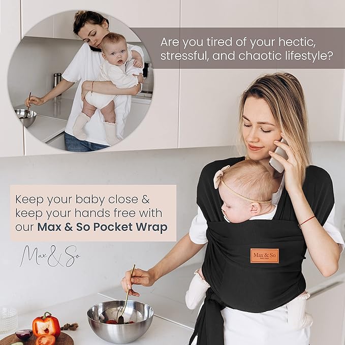 Baby Wrap Carrier - Premium Cotton Baby Carrier Wrap for Newborn to Toddler- Infant Carrier- Baby Holder One Size Fits All with Front Pocket (Black) by Max&so