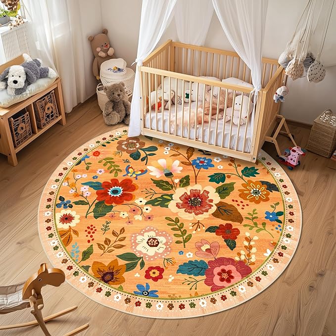 Floral 4ft Area Rug Machine Washable Soft Print Boho Carpet Non Slip Doormat Low Pile Flower Area Rugs for Living Room Bedroom Nursery Kitchen Dining Room Indoor-Yellow/Orange