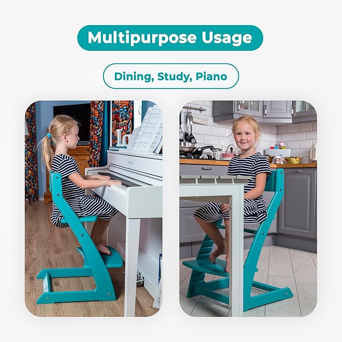 FORNEL Modern Wooden High Chair in Turquoise | The Adjustable Grow-with-Me Chair with a Stylish Pop of Color for Your Kitchen & Dining Room