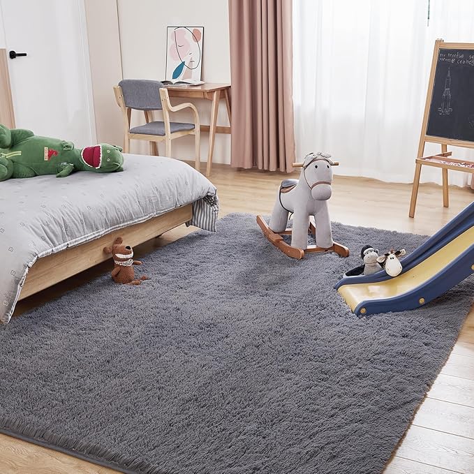 8x10 Grey Fluffy Rug, Ultra Soft Area Rugs for Living Room, Plush Indoor Carpet, Anti-Skid High Pile Luxury Rugs for Bedroom, Nursery, Kids Room, Playroom, Home Decor