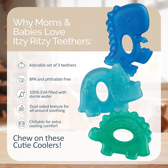 Itzy Ritzy Water-Filled Teethers - Cold Cutie Coolers Textured On Both Sides to Massage Sore Gums & Emerging Teeth - Can Be Chilled in Refrigerator, Set of 3 Coordinating Dinosaur Water Teethers