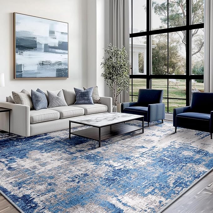 Washable Area Rugs 8'x10' Non-Slip Modern Abstract Soft for Living Room Entryway Bedroom Nursery, Print Pattern, Blue Grey Navy Gray