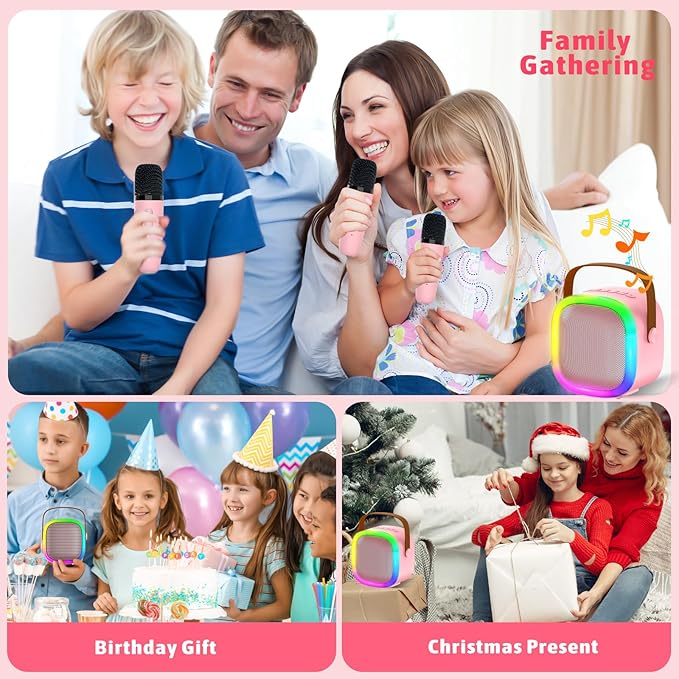 Karaoke Machine for Kids Adults, Portable Bluetooth Speaker with 2 Wireless Microphones and LED Lights, Kids Toys Birthday Gifts for Girls Boys Ages 4, 5, 6, 7, 8,9,10,11,12+ Years