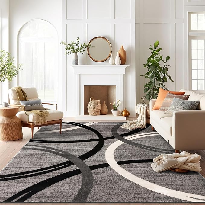 Rugshop Modern Wavy Circles Design Area Rug 10' x 14' Gray