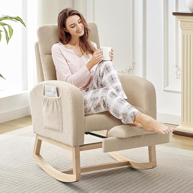 Rocking Chair Nursery, Nursing Rocking Chairs with Foot Rest for Mom Nursery, Rocker Glider Chair with High Backrest for Living Room, Bedroom, Upholstered Lounge Chair with Solid Wood Base for Relaxin
