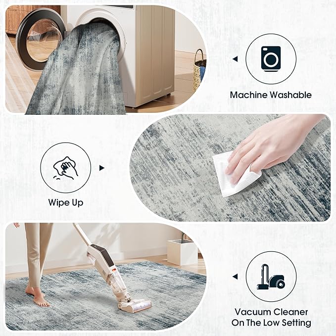 Area Rug 9x12 Washable Rugs: Abstract Large Living Room Rugs with Non-Slip Backing, Stain Resistant Indoor Floor Carpet for Bedroom Dining Room Table Nursery Hallway Home Office-Blue/Ivory