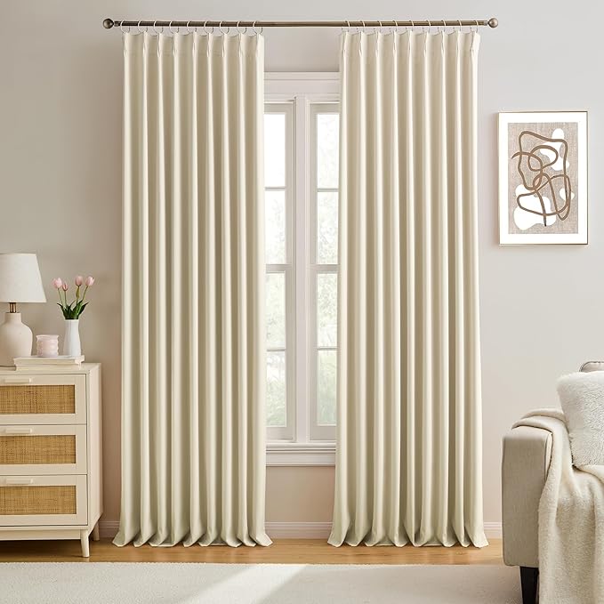 KEQIAOSUOCAI Pinch Pleat Blackout Curtains Pair with Hooks,60 Inch Wide Pleated Large Window Drapes for Office at Home Bedroom Sliding Glass Patio Doors Inside W60 xL90, Cream Beige