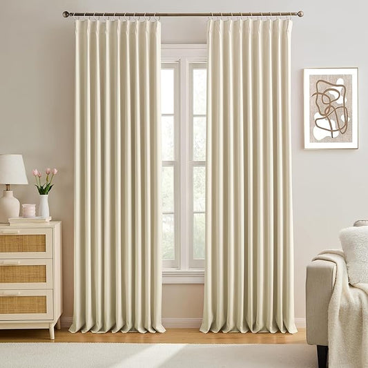 KEQIAOSUOCAI Pinch Pleat Blackout Curtains Pair with Hooks,60 Inch Wide Pleated Large Window Drapes for Office at Home Bedroom Sliding Glass Patio Doors Inside W60 xL90, Cream Beige