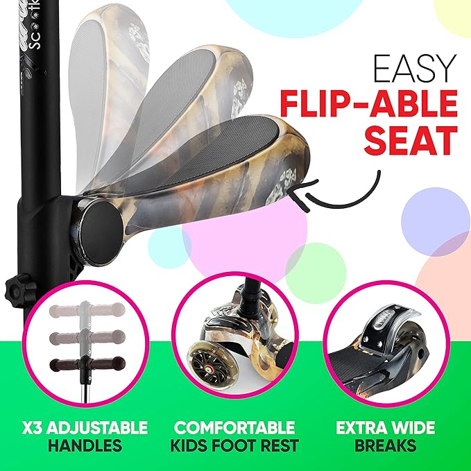 Hurtle 3-Wheeled Scooter for Kids - Wheel LED Lights, Adjustable Lean-to-Steer Handlebar, and Foldable Seat - Sit or Stand Ride with Brake for Boys and Girls Ages 1-14 Years Old