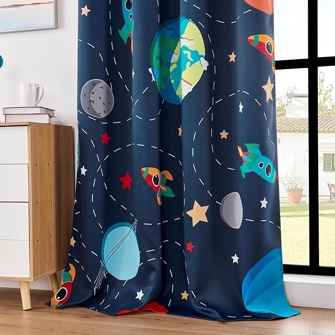 Kids Space Themed Blackout Curtains - 100% Blackout Perfect for Kids Room, Spark Kids Imagination with Vibrant Cosmos Designs, Noise Reduction, Thermal Insulated, (2 Panels W52×L96)