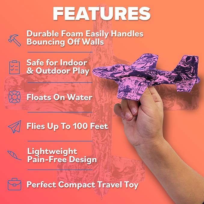 Foam Airplanes for Kids - Best Girl Toys Age 4 & Up - Engaging Toy for 7 Year Old Girl Birthday Gifts - Stocking Stuffers for Girls All Ages - Fun Sports Toy & Party Favors & Outdoor Toys Age 6-8