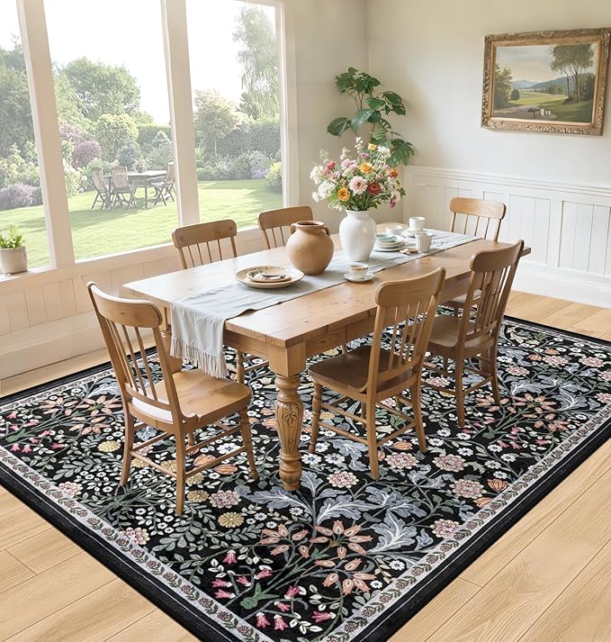 8x10 Area Rugs for Living Room: Floral Washable Rug Vintage Large Soft Boho Non-Slip Carpet Indoor Stain Resistant Low Pile Carpets for Bedroom Dining Room Farmhouse Nursery Home Office Dark Black