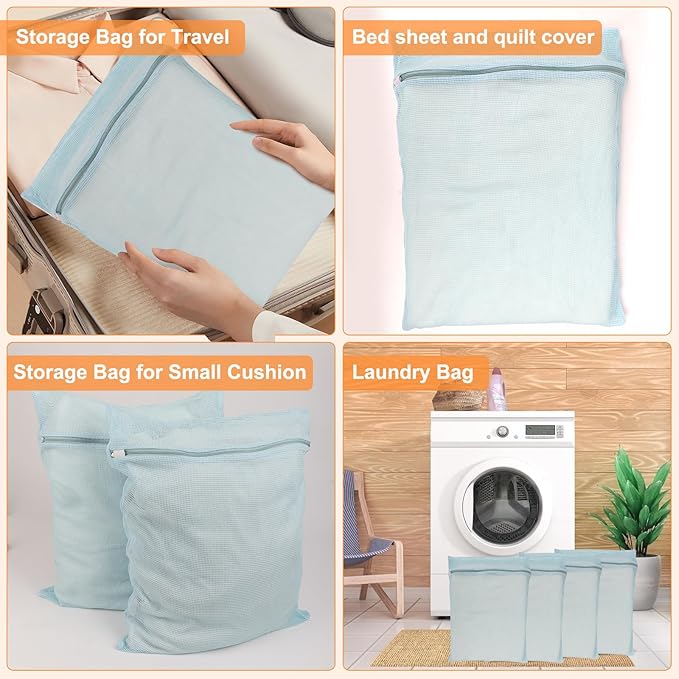 4-Piece Blue Large Durable Organic Cotton Mesh Laundry Bags with Sturdy Zippers and Breathable Mesh are Delicate Laundry Bags for Underwear, Clothes, Pants and Socks