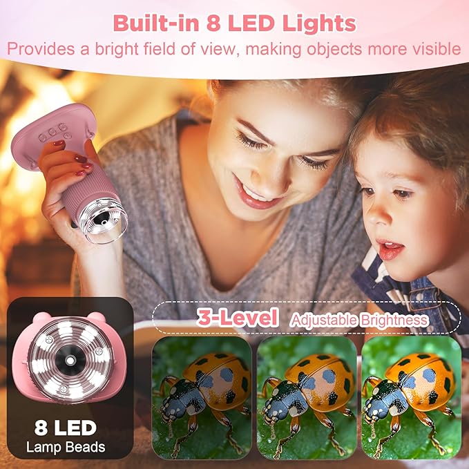 MAXLAPTER Portable Digital Microscope for Kids: 1000X Handheld Kid Microscope with 2'' Screen and 8 LED Lights - Pocket Miniscope Edu Science Toys Birthday Gifts for Age 3-5 5-7 8-12 Girls Boys, Pink