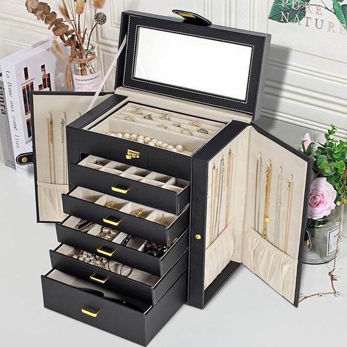 AKOZLIN Large Jewelry Box Organizer Functional Lockable with Big Mirror, Leather Jewelry Storage Case for Women Girls Ring Necklace Earring Bracelet Holder Organizer