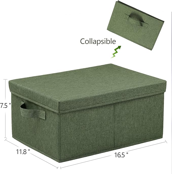 HOONEX Storage Bins with Lids for Organizing, Pack of 2, Storage Boxes with 2 Carrying Handles and Sturdy Heavy Cardboard, 16.5" L x 11.8" W x 7.5" H for Shoes, Books, Clothes, Olive