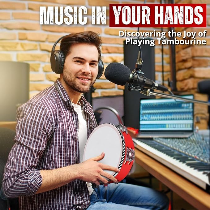 Flexzion Wood Handheld Tambourine Adults 6-Inch Double Row 8-Pair Jingles (Red) - Percussion Round Tamborines Musical Instrument with Metal Zills