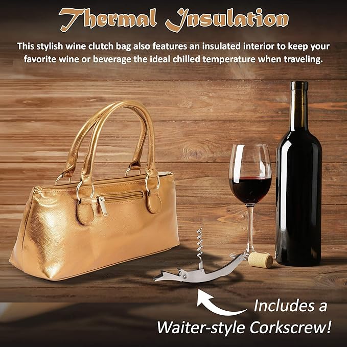 Wine Clutch Bag (Thermal Insulated) Trendy Women’s Carry Tote | Holds Red & White 750mL Bottles | Trendy Fashion | Incl. Portable Waiter-Style Corkscrew