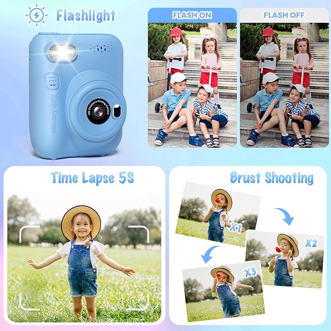 Kids Camera Instant Print, 3.0" HD 32MP Birthday Gifts for 3-12 Year Old Girls Boys, 1080P Digital Camera for Toddler Children, Portable Toy with 32GB SD Card-Blue