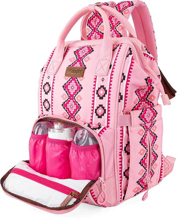 Wrangler Diaper Bag Backpack Aztec Travel Backpack Purses Western Multi-Function Baby Bags for Mom with Waterproof Insulated Pockets