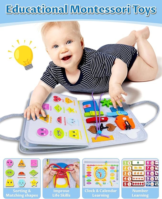 Exorany Busy Board Montessori Toys for Toddler Boy & Girl Birthday Gifts, Busy Book Learning Sensory Toys for Toddlers, Toddler Travel Toy Educational Activities Learn Fine Motor Skills