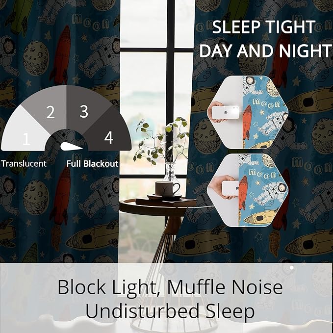 Kids Astronaut and Rocket Blackout Curtains - 100% Blackout, Thermal Insulated, Noise Reducing, Bring The Cosmos Closer to Your Kid’s Room, 2 Panels (Moonbound Adventure, W52×L84)