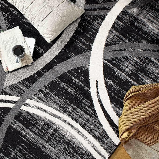 Rugshop Modern Wavy Circles Design Area Rug 5'3" x 7'3" Black
