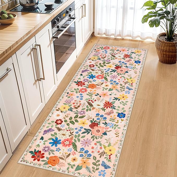 Runner Rug for Entryway: 2.6x8 Kitchen Rugs Non Slip Washable Ultra-Thin Soft Floral Carpet Indoor Floor Stain Resistant Carpets for Hallway Bedroom Kitchen Laundry Bathroom Dorm Beige