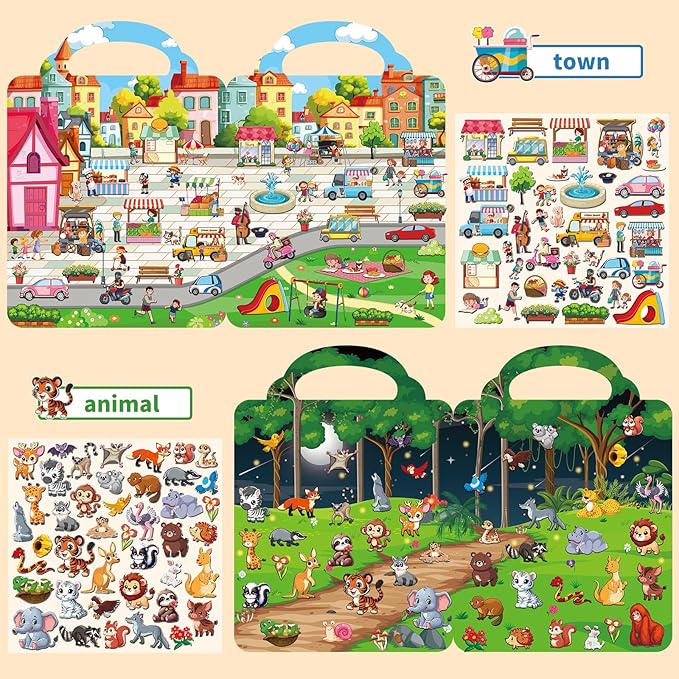 6 Set Reusable Sticker Books for Toddlers 2-4,1-3, Kids 3D Puffy Stickers (Dinosaurs, Forest, Town, Pets, Construction, Insects), Sticker Activity Books