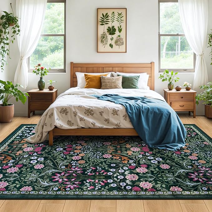 10x14 Area Rugs for Living Room: Floral Washable Rug Vintage Large Soft Boho Non-Slip Carpet Stain Resistant Low Pile Carpets for Bedroom Dining Room Farmhouse Nursery Hallway Home Office Dark Green