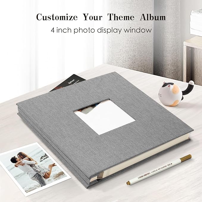 Spbapr Large Photo Album Self Adhesive 3x5 4x6 5x7 8x10 Pictures Magnetic Scrapbook Linen Cover DIY Album with A Metal Pen 11"x10.6"40pages